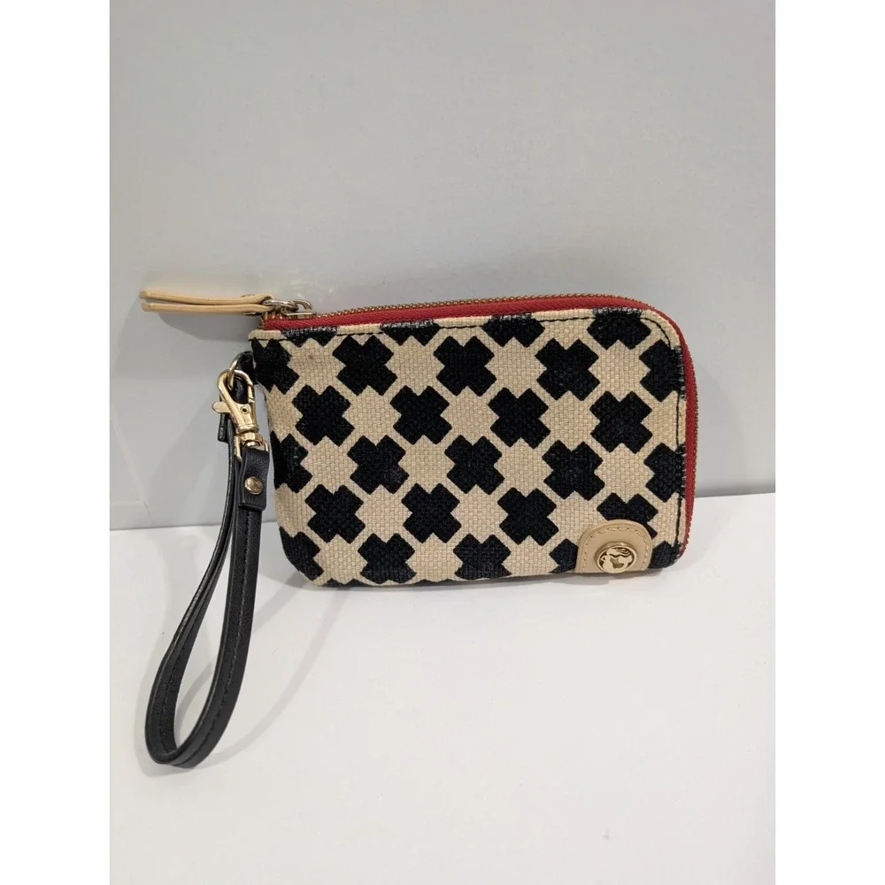 Spartina 449 Ellis Square Linen Wristlet Wallet Black Cream Geometric Red Trim